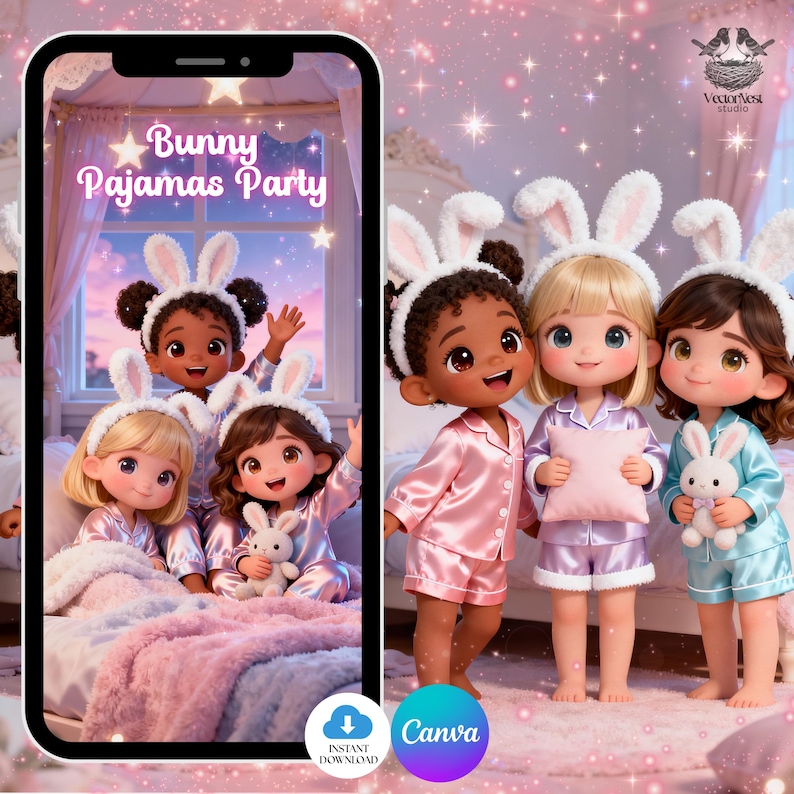 May include: Digital illustration of a "Bunny Pajamas Party" featuring four cartoon girls wearing bunny ear headbands and satin pajamas. One girl holds a stuffed bunny. The color palette includes pinks, blues, and whites.