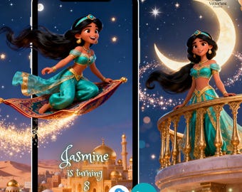 May include: A digital illustration of Princess Jasmine in teal attire, set against a night sky with stars and a crescent moon. The image shows Jasmine on a magic carpet. Text reads "Jasmine is turning 8". A Canva logo is also present, indicating a birthday theme.