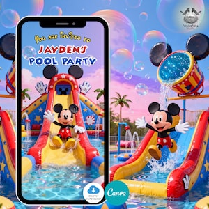 May include: A digital invitation on a smartphone screen for Jayden's pool party. The design features Mickey Mouse on a water slide, with the text "You are invited to Jayden's Pool Party". The background includes bubbles and a vibrant sky.