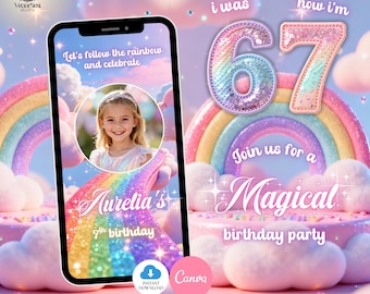 May include: A digital birthday party invitation with a rainbow theme, featuring a photo of a girl and the text "Aurelia's 7th birthday." The design includes the phrases "Let's follow the rainbow and celebrate" and "Join us for a Magical birthday party."
