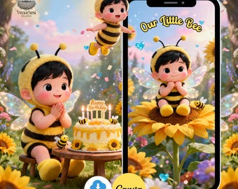 Little Sweet Honey Bee Boy Birthday Video Invitation Digital Editable Template, Instant Download