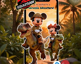 May include: Digital invitation with Mickey and Minnie Mouse on dinosaurs in a jungle scene. Text reads "You're invited to a Jurassic Adventure!" with the name "Sebastian". Includes a Canva logo and a dinosaur-themed logo.