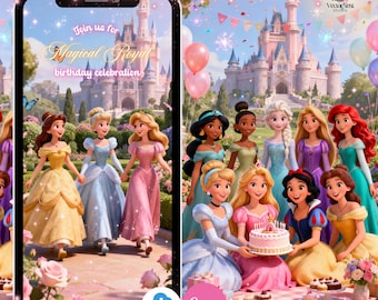 Prinsessfödelsedagsinbjudan, magisk sagofest, animerad video, digital mall, direktnedladdning
