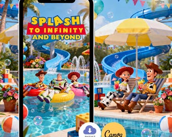 May include: A digital graphic featuring Toy Story characters Woody, Buzz Lightyear, and Jessie in a water park setting. The text reads Splash to Infinity and Beyond. The scene includes blue water slides, a yellow umbrella, and colourful pool floats.