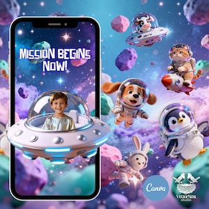 May include: A smartphone screen displays a child in a spaceship with the text "MISSION BEGINS NOW!". The image features cartoon animals in space suits, including a cow, cat, dog, penguin, and rabbit, floating among planets and stars.