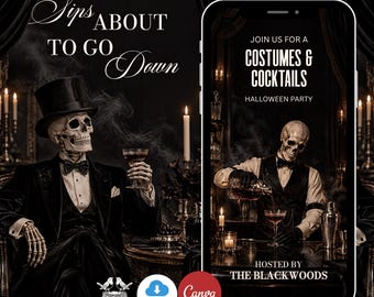 May include: A digital Halloween party invitation featuring a skeleton in a tuxedo and top hat holding a cocktail. The text reads Sips ABOUT TO GO Down, JOIN US FOR A COSTUMES & COCKTAILS HALLOWEEN PARTY, and HOSTED BY THE BLACKWOODS on a smartphone screen.