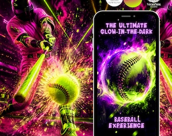 May include: A vibrant digital artwork featuring a baseball player mid-swing with a neon green bat and a glowing baseball. The image includes the text "TIME TIME" and "THE ULTIMATE GLOW-IN-THE-DARK BASEBALL EXPERIENCE" on a smartphone screen.