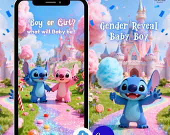 May include: A digital design for a gender reveal, featuring the characters Stitch and Angel. The design includes text that reads "Boy or Girl?" and "Gender Reveal Baby Boy." The background is a whimsical scene with a castle and cotton candy.