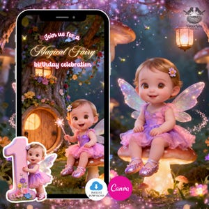 Invitación en video para el primer cumpleaños de una hada: plantilla digital Canoe, descarga instantánea