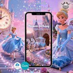 Könnte beinhalten: Eine digitale Geburtstagseinladung zum Thema Cinderella. Das Design zeigt Cinderella in einem blauen Kleid, eine Pferdekutsche und einen Schloss-Hintergrund. Der Text lautet "Cinderella Video Invitation" und "Join us for a Magical Birthday celebration."