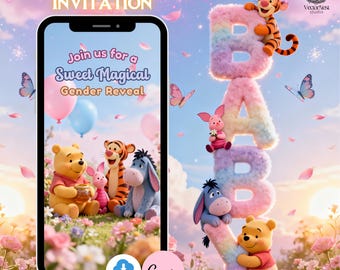 Invito video per rivelazione del sesso di Winnie The Pooh, modello modificabile, download immediato