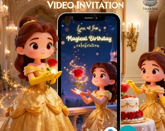May include: A digital invitation for a Beauty and the Beast-themed birthday party. The design features cartoon illustrations of Belle in a yellow gown, holding a red rose. Text includes "Beauty & The Beast Video Invitation" and "Join us for a Magical Birthday celebration."