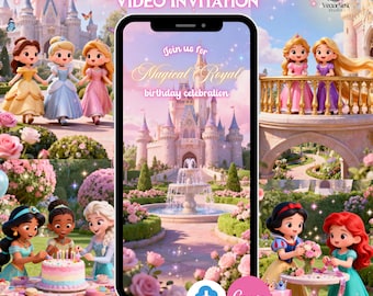 Lilla prinsessans födelsedagsvideoinbjudan Kungligt slottsfest animerad digital mall, direktnedladdning