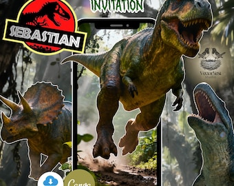 May include: A digital invitation with a Jurassic theme. The design features a Tyrannosaurus Rex, a Triceratops, and a Baryonyx. The invitation includes the text "Jurassic Video Invitation" and the name "Sebastian".