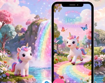 Unicorn Rainbow Birthday Invitation Animated Video Digital Canva Template, Instant Download