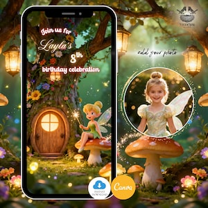 Peut inclure: Invitation numérique pour le 8e anniversaire de Layla. Le design présente un thème de conte de fées avec une fée, des champignons et une cabane dans un arbre. Le texte "Join us for Layla's 8th birthday celebration" est affiché. Inclut un espace pour ajouter une photo.