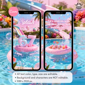 Może przedstawiać: Dwa ekrany smartfon&oacute;w przedstawiające motyw imprezy przy basenie. Jeden ekran m&oacute;wi "Splash into the fun!" z r&oacute;żową dmuchaną zabawką z numerem 67. Drugi ekran m&oacute;wi "Let's celebrate with cupcakes, lollies, and poolside fun!"