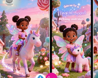 May include: A digital illustration featuring a fairy and a unicorn, with a phone showing a birthday invitation. The invitation text reads "Join us for a Magical Sweet birthday celebration". The scene is set in a whimsical, candy-themed landscape.