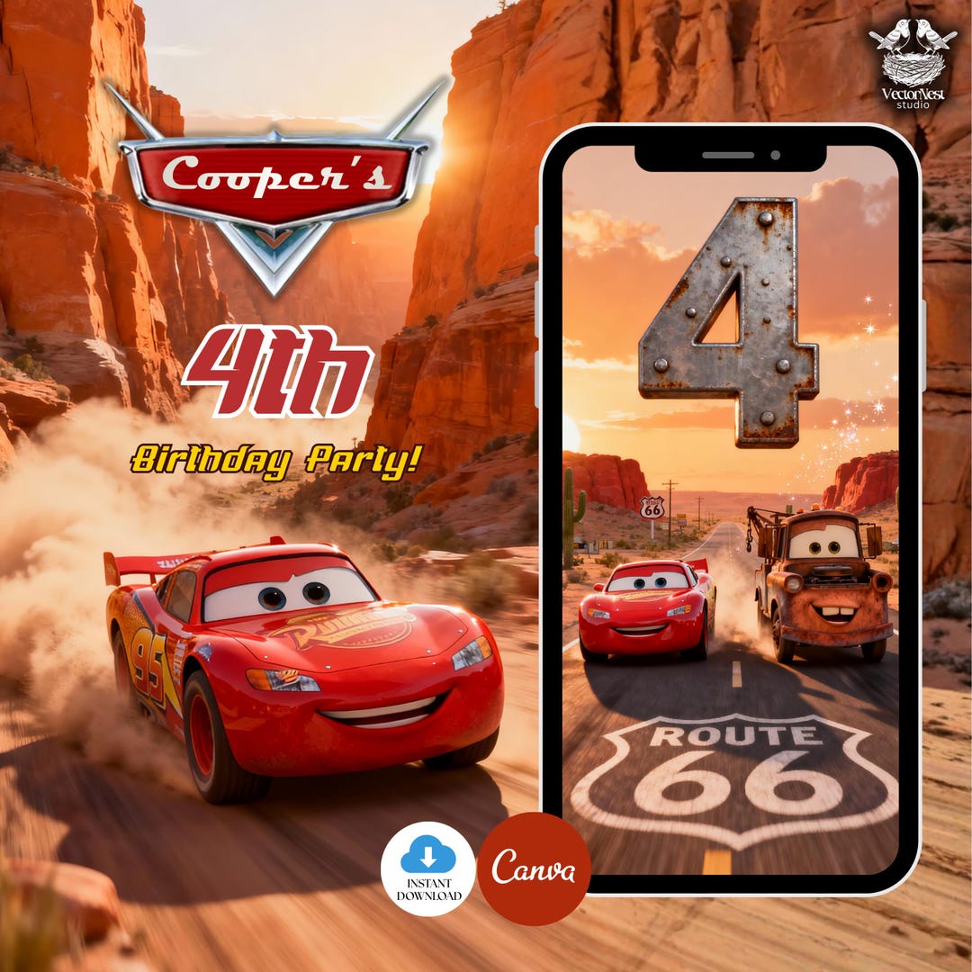 Car Theme 4 Rides FOUR Cars Birthday Video Invitation: Animated Race 4th Party Canva ...