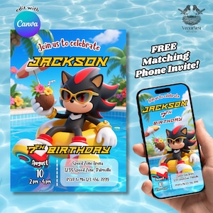 Shadow Sonic Pool Party Invitation: Editable Canva Template (Digital Download)