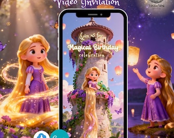 May include: A digital invitation featuring a cartoon illustration of Rapunzel in a purple dress. The invitation includes the text "Little Rapunzel Video Invitation" and "Magical Birthday celebration". The design has a fairytale theme with butterflies and lanterns.
