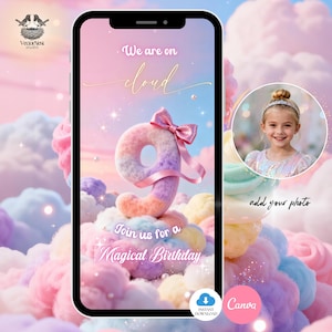 May include: A digital invitation design for a magical ninth birthday. The design features a pastel colour scheme with a large number nine, a pink bow, and the text "Join us for a Magical Birthday". Includes a space to add a photo.