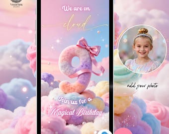 Cloud 9 Birthday Video Invitation, Rainbow Theme (Digital Editable Template)