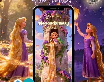 May include: A digital invitation featuring Rapunzel from the animated film. The design includes Rapunzel in a purple dress, a tower with flowers, and the text "Join us for a Magical Birthday celebration". The invitation is available for instant download.