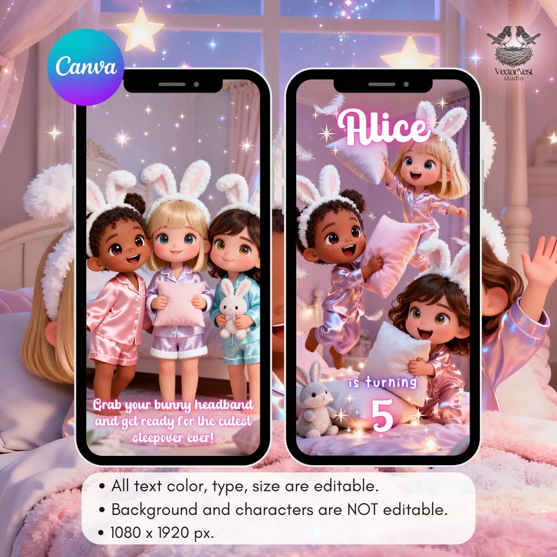 May include: Digital design featuring three cartoon girls in bunny ear headbands and pajamas, holding pillows and a stuffed bunny. The text reads "Grab your bunny headband and get ready for the cutest sleepover ever!" and "Alice is turning 5."