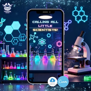 Pode incluir: Ilustração digital com um smartphone exibindo "CALLING ALL LITTLE SCIENTISTS!". A imagem mostra um laboratório com béqueres coloridos, um microscópio e estruturas moleculares brilhantes. O tema é ciência e educação.
