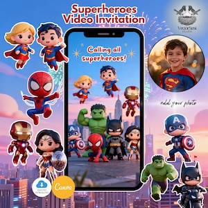 Puede incluir: Una invitación digital con ilustraciones de superhéroes. El diseño incluye un teléfono inteligente con el texto "Calling all superheroes!" y varias figuras de superhéroes como Superman, Spider-Man y Wonder Woman. La invitación también tiene el texto "Superheroes Video Invitation".