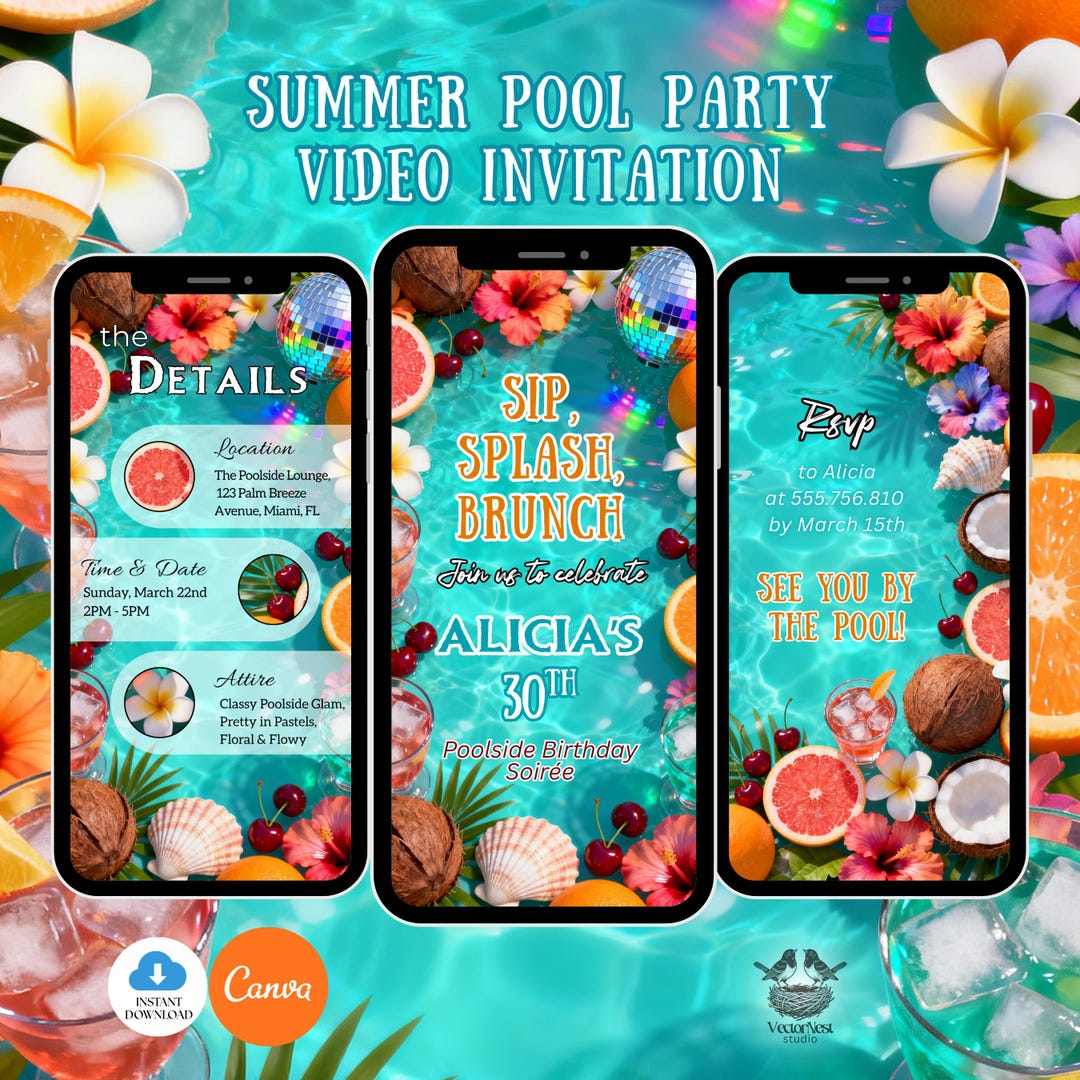 Tropical Summer Pool Party Birthday Video Invitation Digital Editable ...