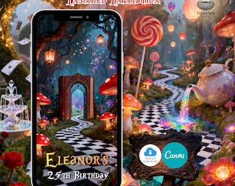 May include: An Alice in Wonderland-themed invitation design. The invitation is displayed on a smartphone screen, featuring a whimsical scene with a checkered path, mushrooms, and a vibrant, colorful landscape. The text "Eleanor's 25th Birthday" is visible.