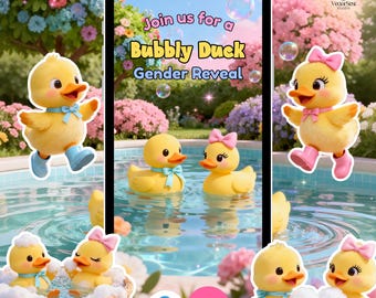 May include: Digital invitation for a gender reveal party with cartoon ducks. The ducks are yellow with blue and pink bows and boots. The invitation includes the text "Join us for a Bubbly Duck Gender Reveal" and the Canva and Instant Download logos.
