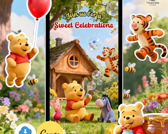 May include: Digital illustration of Winnie the Pooh and friends. The image includes a red balloon, a wooden house, and the text "Join us for a Sweet Celebrations". Bees and bubbles are also present.