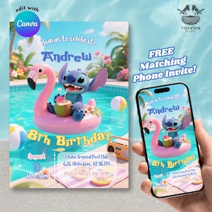 Stitch Einladung Printable Stitch Pool Party Geburtstagseinladung Digital bearbeitbare Canva Vorlage Stitch Birthday Card Stitch Summer Party