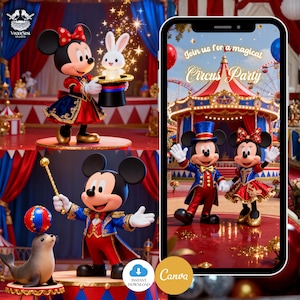 May include: A colourful image showcasing Mickey and Minnie Mouse in circus costumes. Minnie holds a magic hat with a glowing rabbit. Mickey, in a ringmaster outfit, stands with a seal. A phone displays a "Circus Party" invitation.