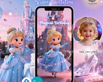 Lilla Askungen födelsedagsinbjudan magisk prinsessa kunglig fest animerad video digital mall, direkt nedladdning