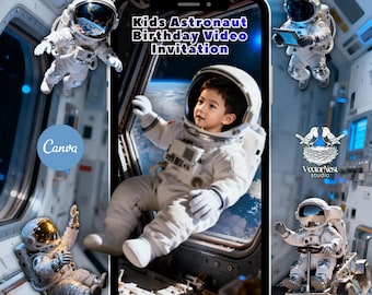 May include: A digital invitation for a children's astronaut-themed birthday party. The invitation shows a young child in a spacesuit looking out a spaceship window. The text on the invitation reads "Kids Astronaut Birthday Video Invitation."