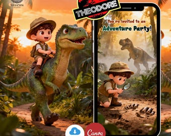 T-Rex Dinosaurs Boy Birthday Video Invitation Safari Adventure Digital Editable Template, Instant Download