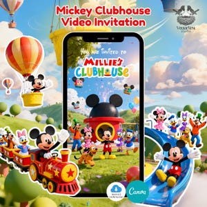 May include: A digital invitation featuring Mickey Mouse and friends. The design includes a red train, a blue slide, and a hot air balloon. Text reads "Mickey Clubhouse Video Invitation" and "You are invited to Millie's Clubhouse."