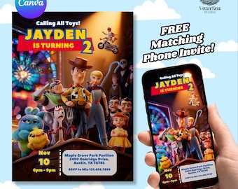 May include: A birthday party invitation with the text "Calling All Toys! JAYDEN IS TURNING 2". The invitation features characters from the Toy Story film. The invitation also includes the date, time, and location of the party.