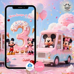 Puede incluir: Ilustración digital con los personajes de Mickey y Minnie Mouse. La imagen incluye un camión de helados rosa, un gran número 3 con forma de donut y el texto "Three Scoops of Joy". Globos y confeti se suman a la escena festiva.