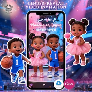 May include: A digital gender reveal video invitation featuring cartoon illustrations of children in basketball uniforms and pink tutus. The invitation includes the text "Join us for a Makeup or Layup - Gender Reveal" and a Canva logo.