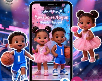 Puede incluir: Invitación de video digital para revelar el género, con ilustraciones de dibujos animados de niños con uniformes de baloncesto y tutús rosas. La invitación incluye el texto "Makeup or Layup - Gender Reveal" y un logotipo de Canva.