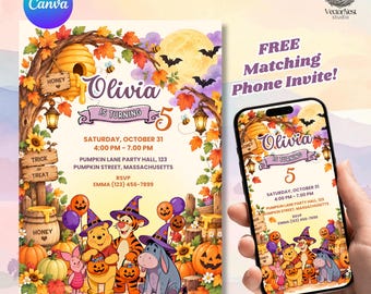 May include: A birthday invitation template featuring Winnie the Pooh characters in Halloween costumes, including pumpkins, autumn leaves, and a beehive. The text reads Olivia is turning 5, Saturday, October 31, 4:00 PM - 7:00 PM, Pumpkin Lane Party Hall, 123 Pumpkin Street, Massachusetts, RSVP Emma (123) 456-7899.