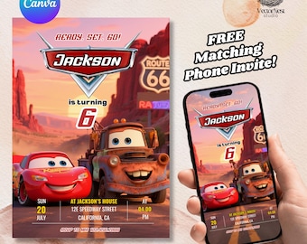 Cars Lightning McQueen Invitation: Editable Birthday Canva Template