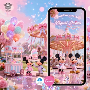 May include: A whimsical digital illustration featuring a pink and blue carousel, balloons, and a candy cart. Minnie and Mickey Mouse figures are present. The phone screen displays the text "Step right into a world of Magical Dreams."