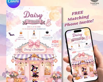 Daisy Halloween Birthday Invitation Digital Editable Canva Template, not too spooky party