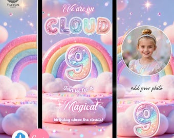 Cloud 9 Birthday Video Invitation NINE Glitter Pastel Rainbow Party Digital Invite Editable Template